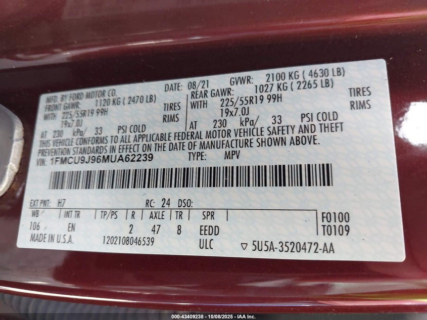 2021 FORD ESCAPE TITANIUM 1FMCU9J96MUA62239