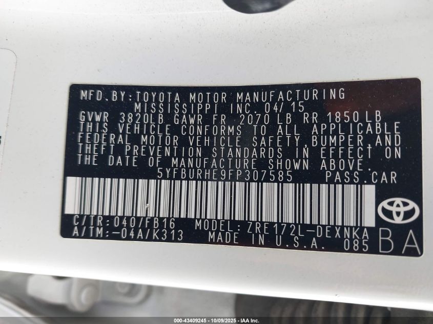 2015 Toyota Corolla Le VIN: 5YFBURHE9FP307585 Lot: 43409245