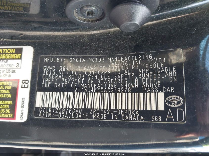 2010 Toyota Corolla Le VIN: 2T1BU4EE0AC318278 Lot: 43409251