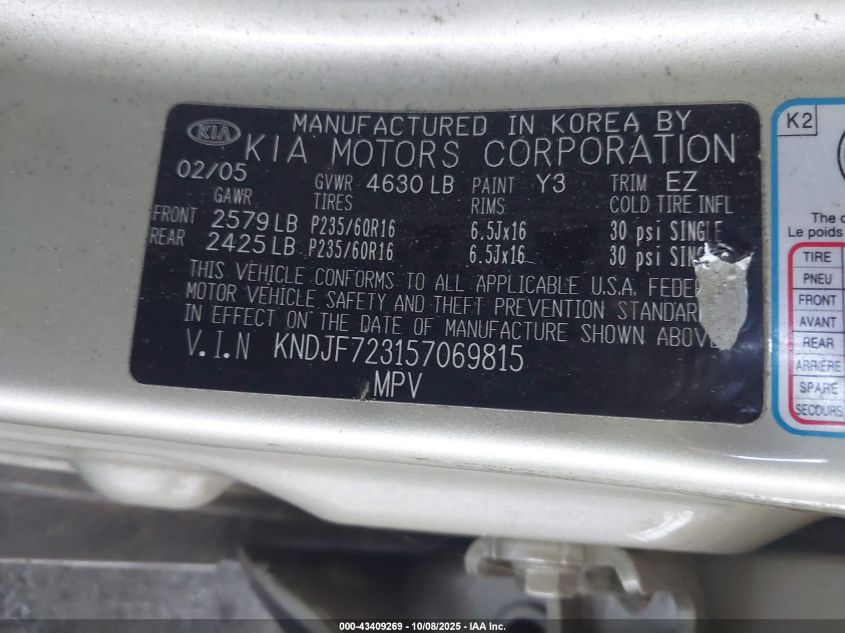 2005 Kia Sportage Ex V6/Lx V6 VIN: KNDJF723157069815 Lot: 43409269