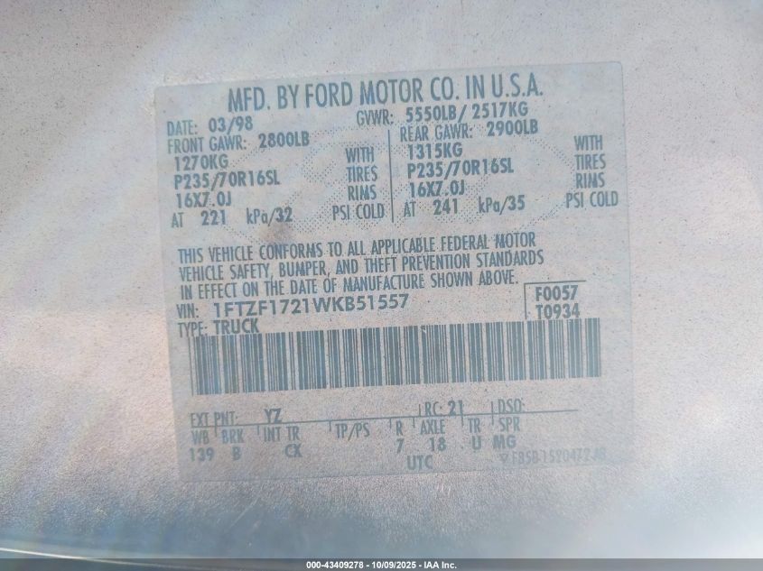 1998 Ford F-150 Standard/Xl/Xlt VIN: 1FTZF1721WKB51557 Lot: 43409278