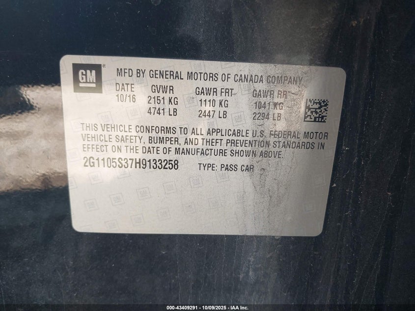 2017 CHEVROLET IMPALA 1LT 2G1105S37H9133258