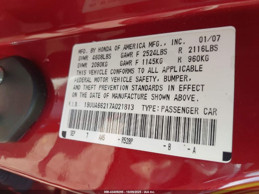 2007 Acura Tl 3.2 VIN: 19UUA66217A021813 Lot: 43409295