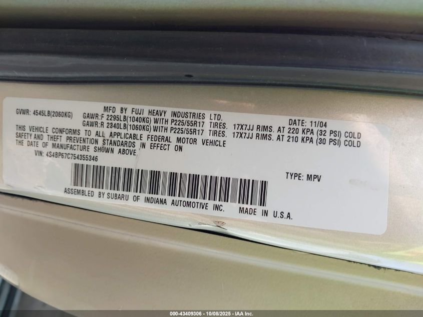 2005 Subaru Outback 2.5Xt Limited VIN: 4S4BP67C754355346 Lot: 43409306