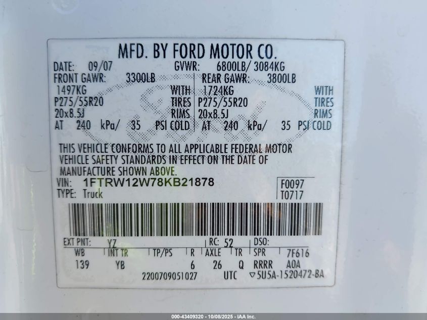 2008 Ford F-150 60Th Anniversary/Fx2/Xl/Xlt VIN: 1FTRW12W78KB21878 Lot: 43409320