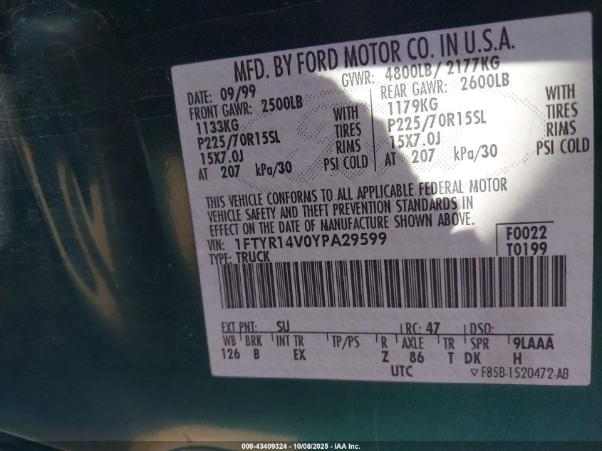 2000 Ford Ranger Xl/Xlt VIN: 1FTYR14V0YPA29599 Lot: 43409324