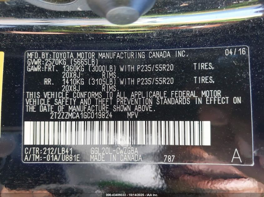 2016 Lexus Rx 350 VIN: 2T2ZZMCA1GC019824 Lot: 43409333