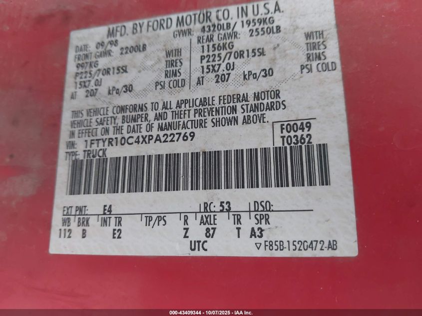 1999 Ford Ranger Xl/Xlt VIN: 1FTYR10C4XPA22769 Lot: 43409344