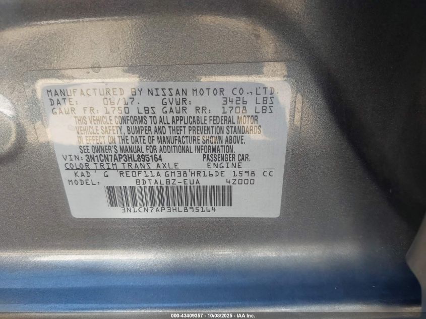 2017 Nissan Versa 1.6 Sv VIN: 3N1CN7AP3HL895164 Lot: 43409357