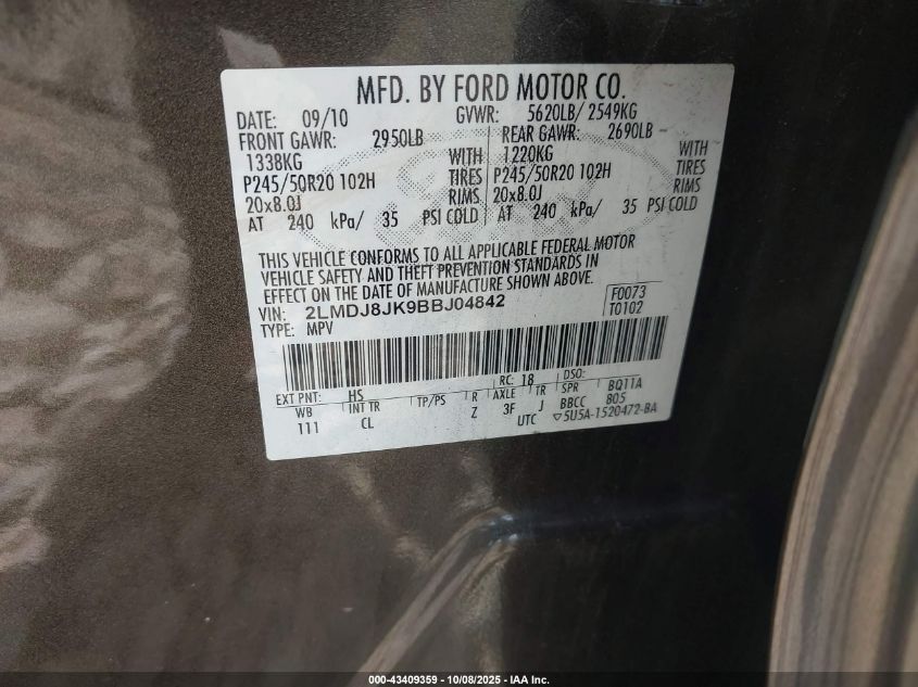 2011 Lincoln Mkx VIN: 2LMDJ8JK9BBJ04842 Lot: 43409359