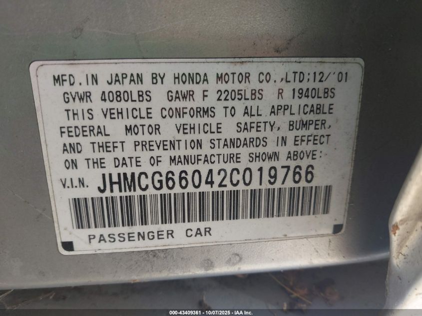 2002 Honda Accord 2.3 Ex VIN: JHMCG66042C019766 Lot: 43409361