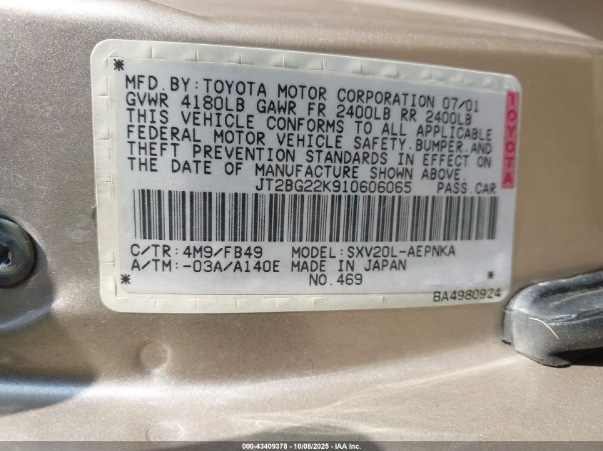 2001 Toyota Camry Le VIN: JT2BG22K910606065 Lot: 43409378