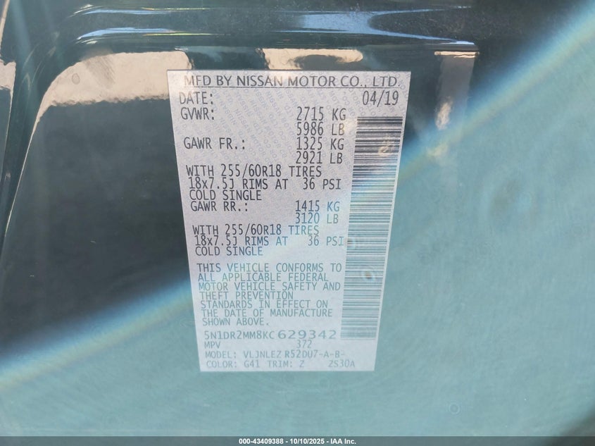 2019 NISSAN PATHFINDER SV 5N1DR2MM8KC629342