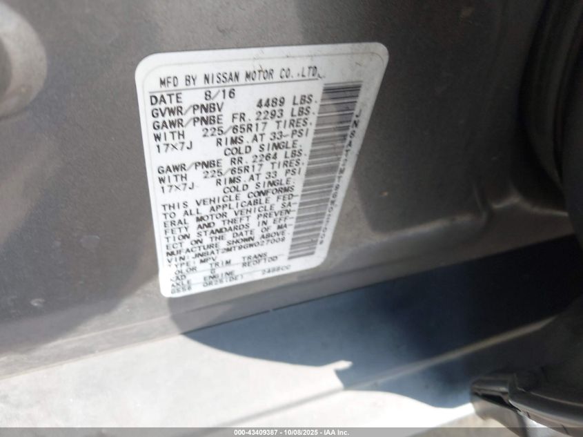 2016 Nissan Rogue Sv VIN: JN8AT2MT9GW027009 Lot: 43409387