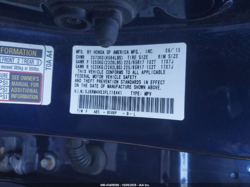2015 Honda Cr-V Ex VIN: 5J6RM4H53FL119441 Lot: 43409390