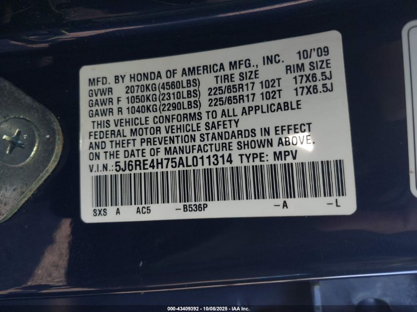 2010 Honda Cr-V Ex-L VIN: 5J6RE4H75AL011314 Lot: 43409392