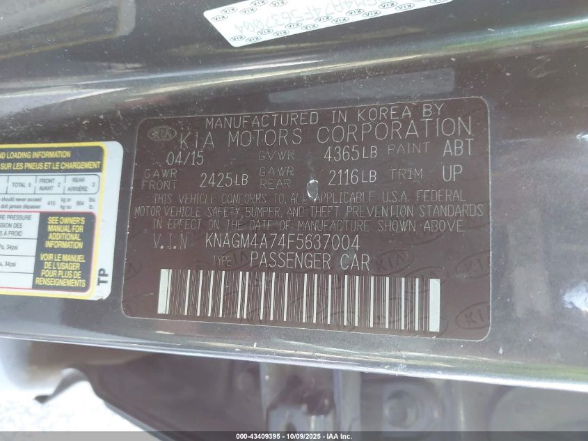 2015 Kia Optima Lx VIN: KNAGM4A74F5637004 Lot: 43409395