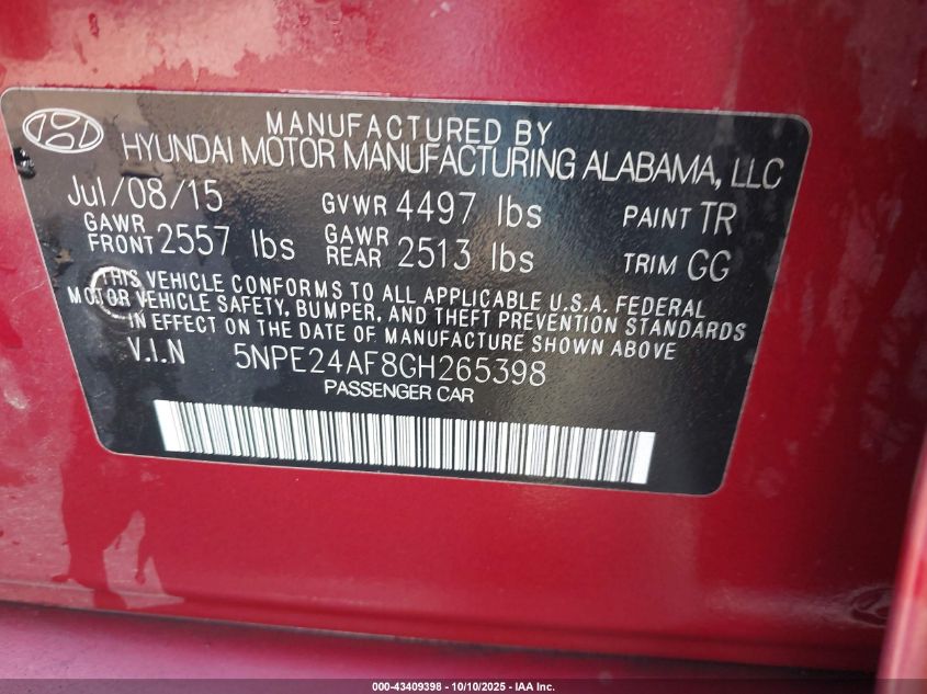 2016 Hyundai Sonata Se VIN: 5NPE24AF8GH265398 Lot: 43409398