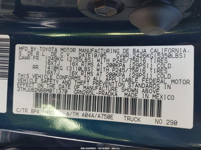 2006 Toyota Tacoma Prerunner V6 VIN: 3TMJU62N66M011370 Lot: 43409402