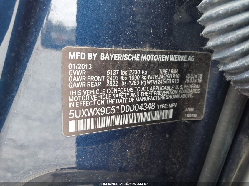 2013 BMW X3 xDrive28I VIN: 5UXWX9C51D0D04348 Lot: 43409407