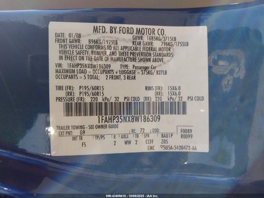 2008 Ford Focus Se/Ses VIN: 1FAHP35NX8W186309 Lot: 43409410