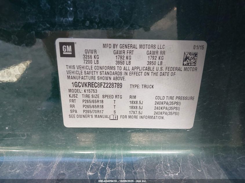 2015 Chevrolet Silverado 1500 2Lt VIN: 1GCVKREC8FZ228789 Lot: 43409418