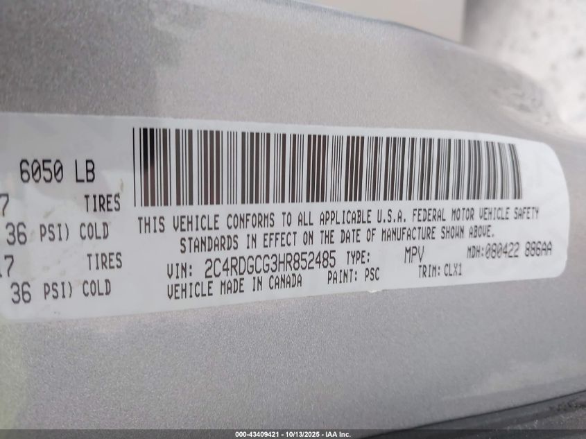 2017 Dodge Grand Caravan Sxt VIN: 2C4RDGCG3HR852485 Lot: 43409421