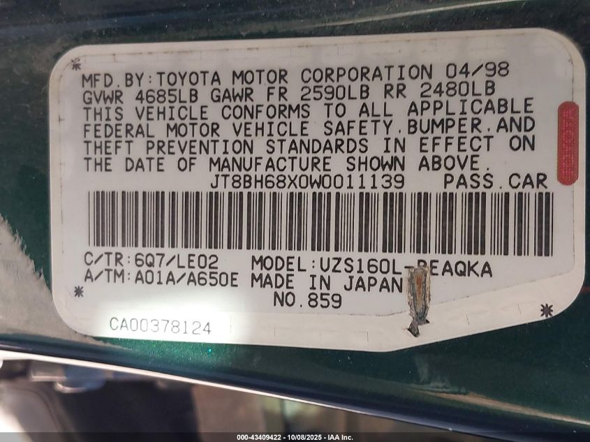 1998 Lexus Gs 400 VIN: JT8BH68X0W0011139 Lot: 43409422