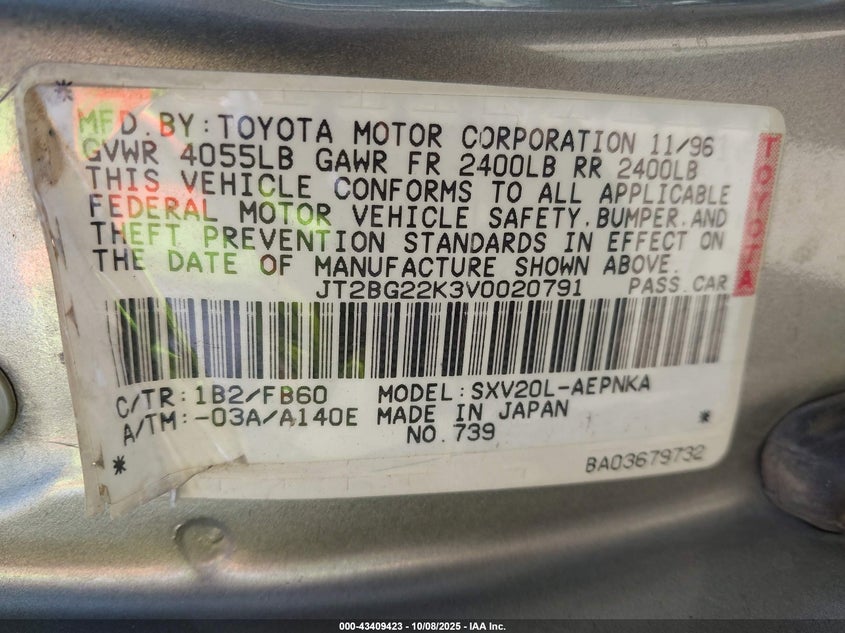 1997 Toyota Camry Le VIN: JT2BG22K3V0020791 Lot: 43409423