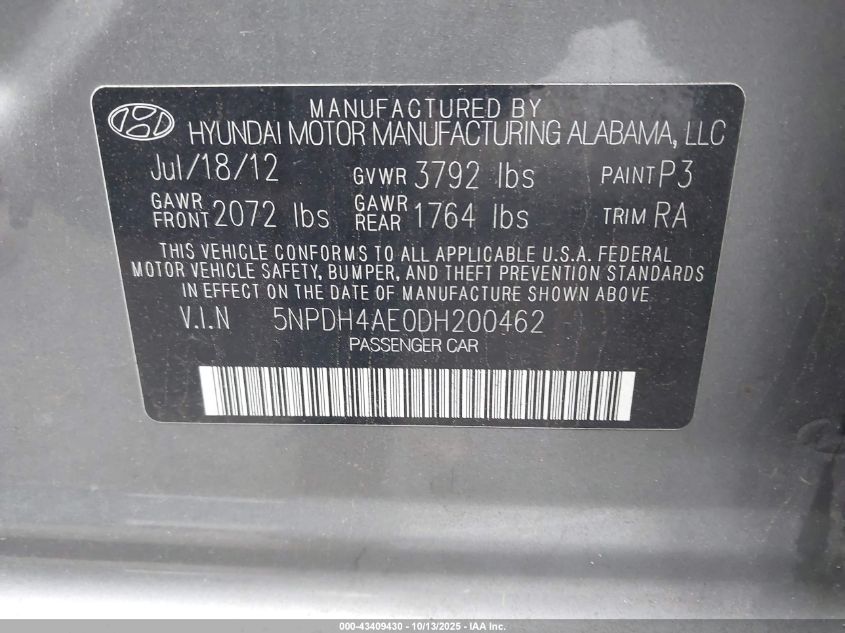 2013 Hyundai Elantra Gls VIN: 5NPDH4AE0DH200462 Lot: 43409430