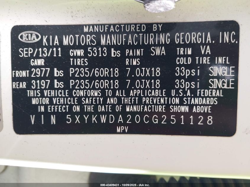 2012 Kia Sorento Sx V6 VIN: 5XYKWDA20CG251128 Lot: 43409431