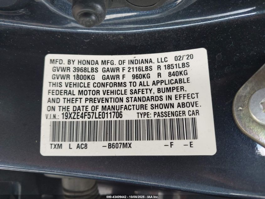 2020 Honda Insight Ex VIN: 19XZE4F57LE011706 Lot: 43409442