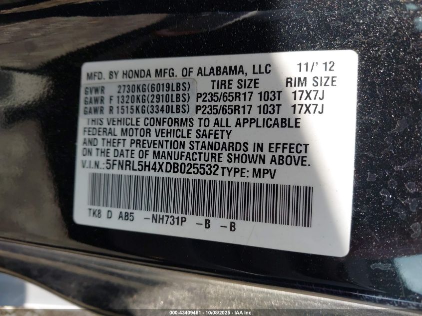 2013 Honda Odyssey Ex VIN: 5FNRL5H4XDB025532 Lot: 43409461