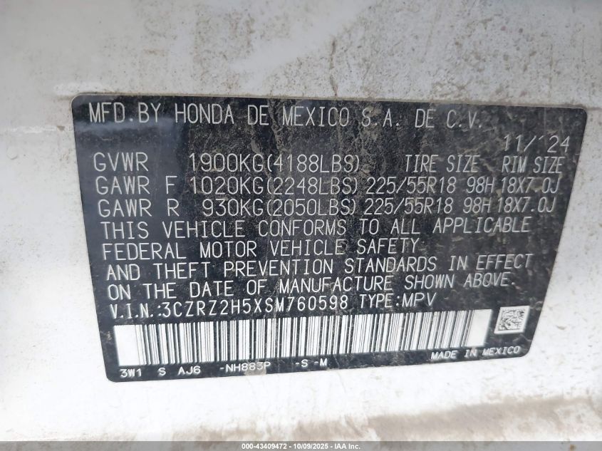 2025 Honda Hr-V Awd Sport VIN: 3CZRZ2H5XSM760598 Lot: 43409472