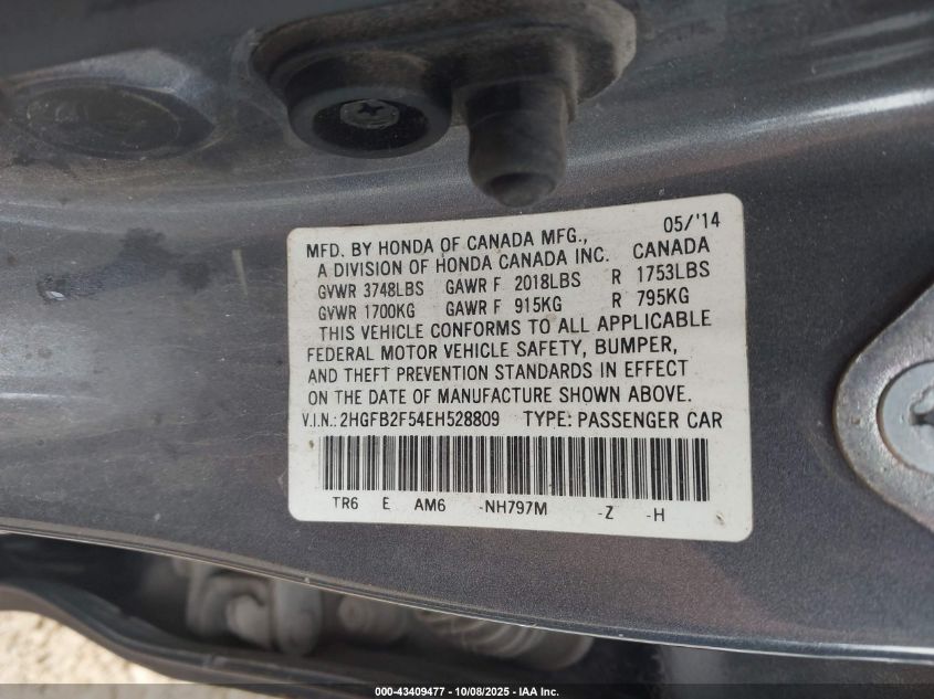 2014 Honda Civic Lx VIN: 2HGFB2F54EH528809 Lot: 43409477