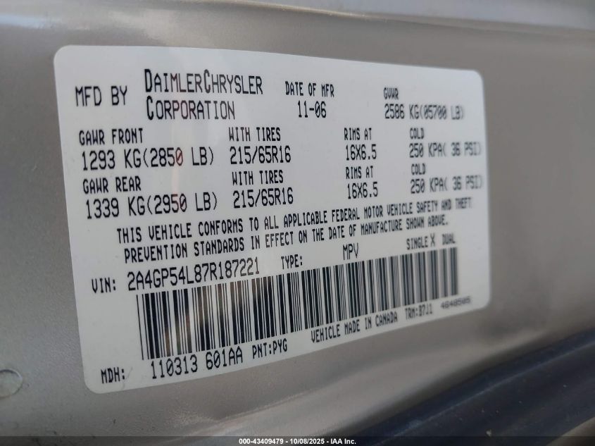 2007 Chrysler Town & Country Touring VIN: 2A4GP54L87R187221 Lot: 43409479