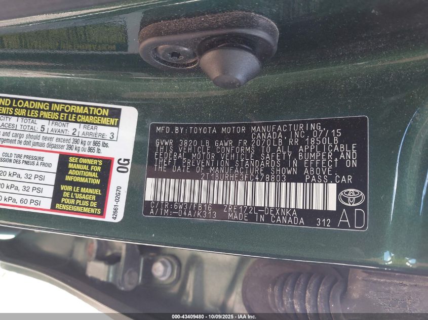 2015 Toyota Corolla Le VIN: 2T1BURHE3FC478803 Lot: 43409480