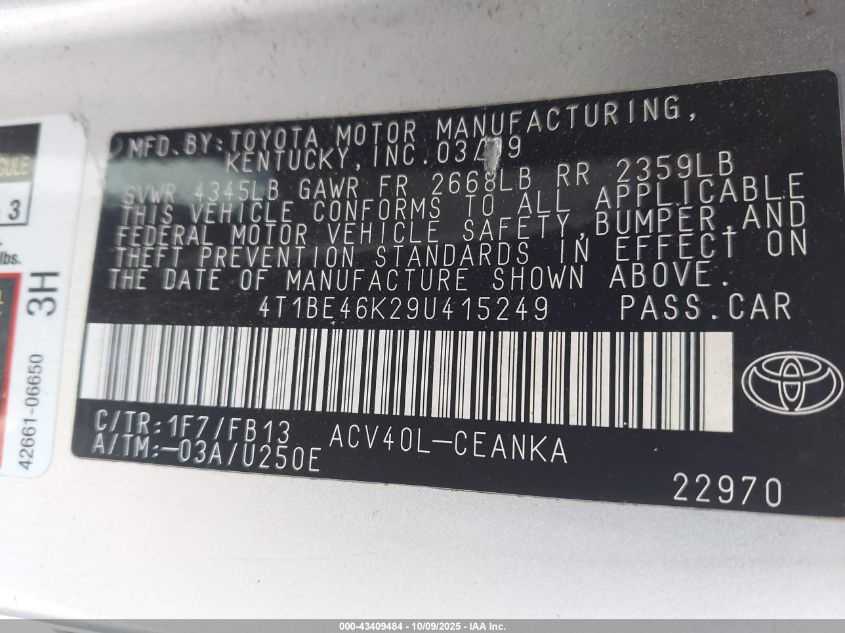 2009 Toyota Camry Le VIN: 4T1BE46K29U415249 Lot: 43409484