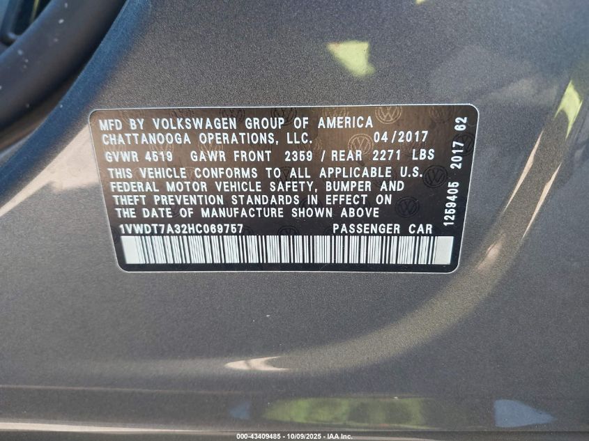2017 Volkswagen Passat 1.8T R-Line VIN: 1VWDT7A32HC069757 Lot: 43409485