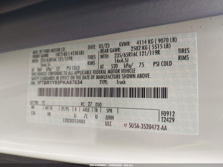 2023 Ford Transit-250 VIN: 1FTBR1Y85PKA87634 Lot: 43409491