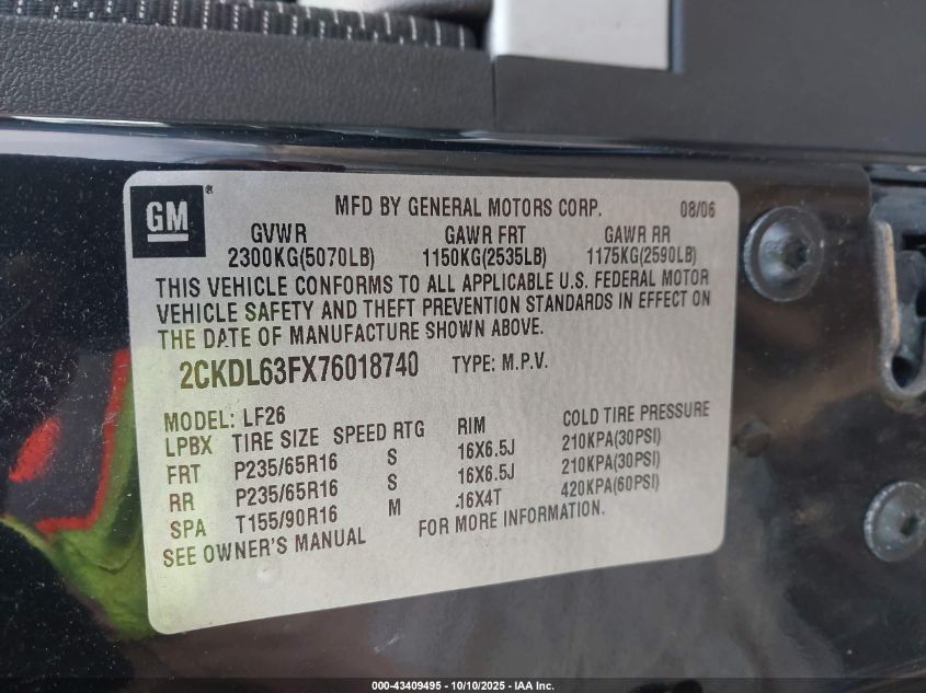 2007 Pontiac Torrent VIN: 2CKDL63FX76018740 Lot: 43409495