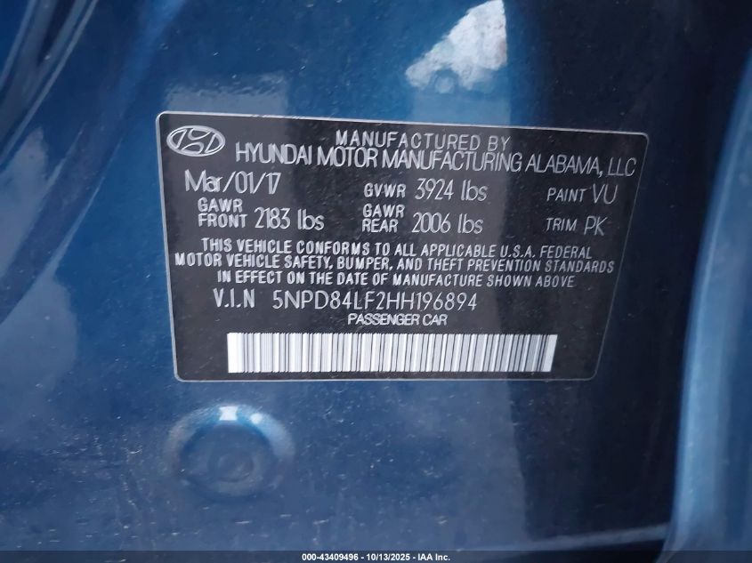 2017 Hyundai Elantra Se VIN: 5NPD84LF2HH196894 Lot: 43409496