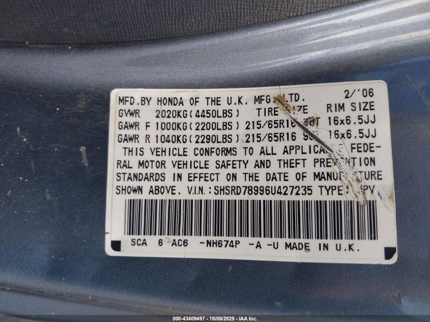 2006 Honda Cr-V Se VIN: SHSRD78996U427235 Lot: 43409497