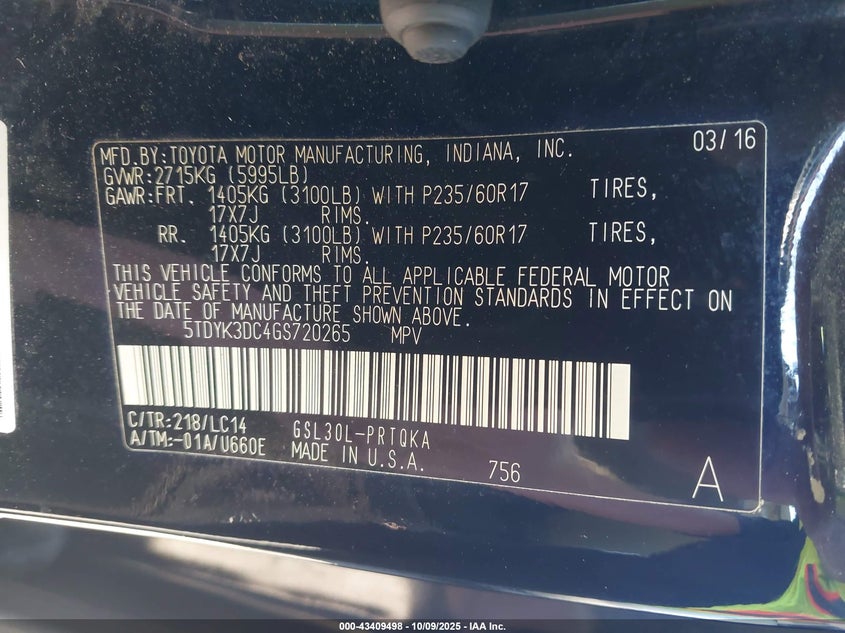 2016 TOYOTA SIENNA XLE/LIMITED 5TDYK3DC4GS720265