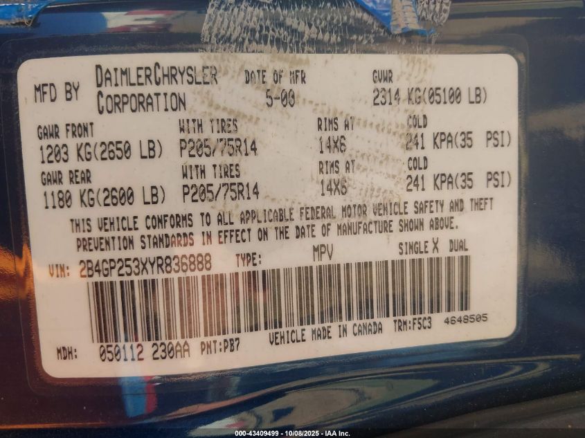 2000 Dodge Caravan VIN: 2B4GP253XYR836888 Lot: 43409499