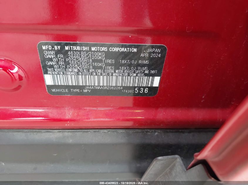 2024 Mitsubishi Eclipse Cross Se S-Awc/Sel S-Awc VIN: JA4ATWAA0RZ062264 Lot: 43409523