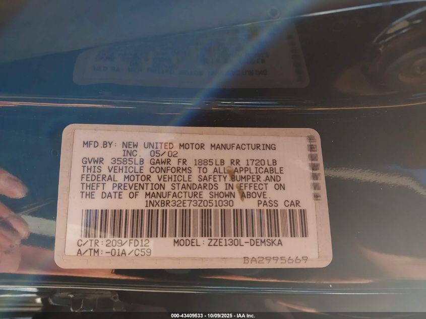 2003 Toyota Corolla S VIN: 1NXBR32E73Z051030 Lot: 43409533