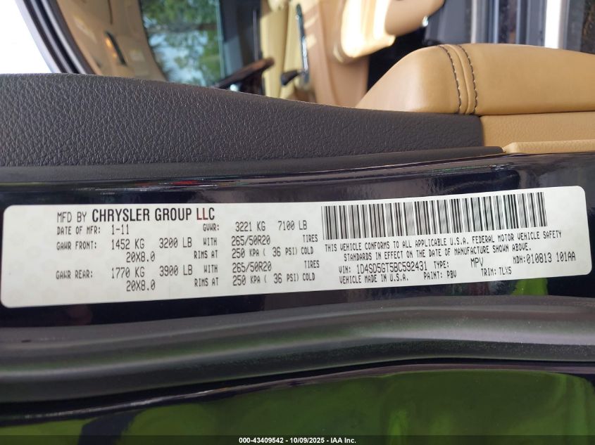 2011 Dodge Durango Citadel VIN: 1D4SD5GT5BC592431 Lot: 43409542