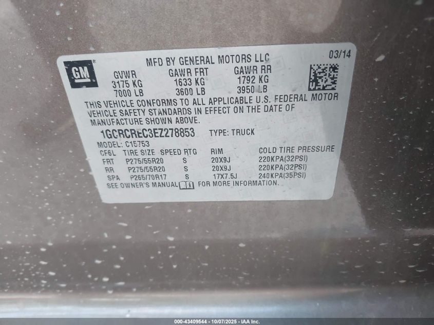 2014 Chevrolet Silverado 1500 1Lt VIN: 1GCRCREC3EZ278853 Lot: 43409544