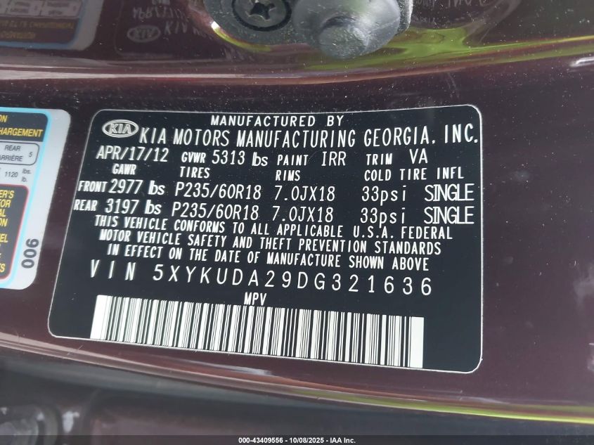 2013 Kia Sorento Ex V6 VIN: 5XYKUDA29DG321636 Lot: 43409556